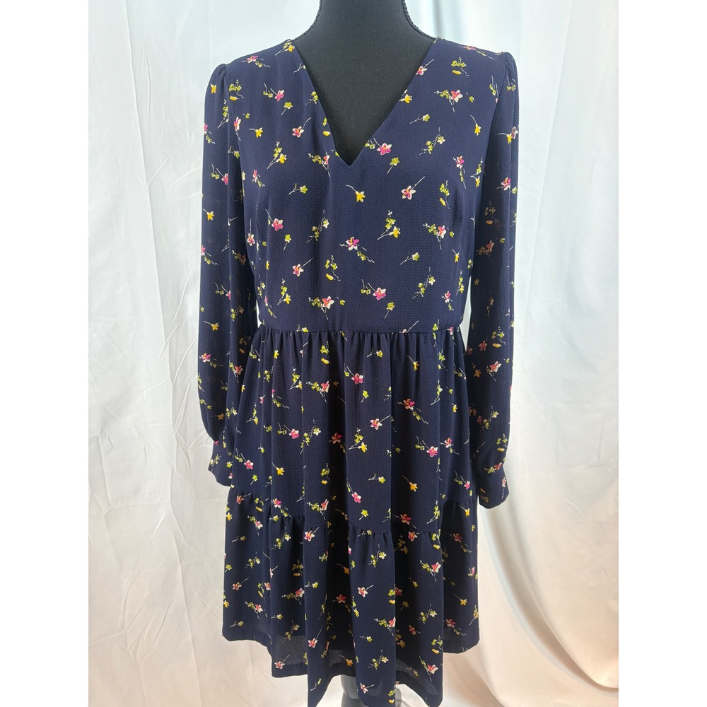 Navy Blue‎ Floral Tiered Mini Dress Long Sleeve V Neck - Picture 4 of 11